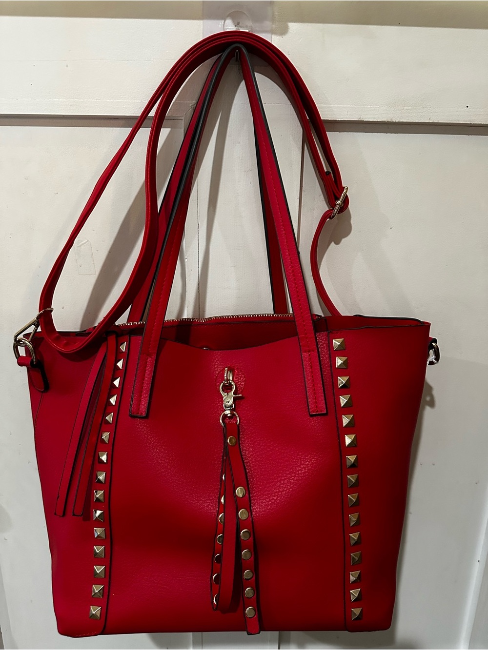 Carlos Santana Red Studded Tote with Tassel Accent